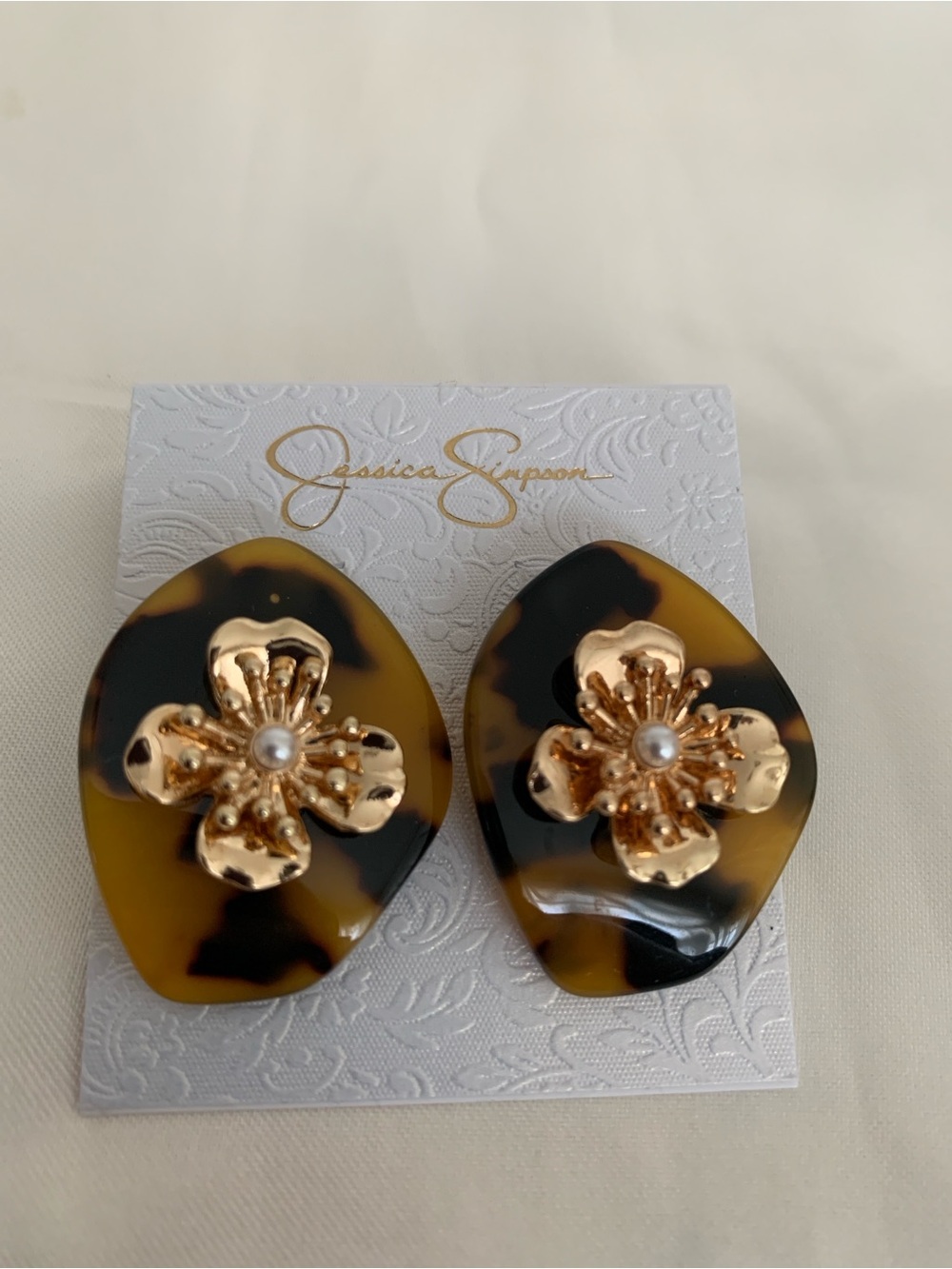 Jessica Simpson Tortoiseshell Drop Earrings with Gold Floral Accent and Pearl